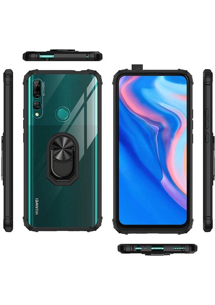 Huawei Y9 Prime 2019 Kılıf Silikon Kenarlı Yüzüklü Manyetik Mola Telefon Kılıfı