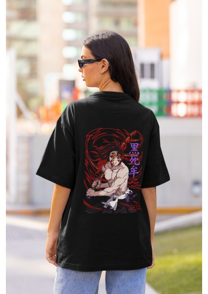 Unisex Sırt Baskılı Kokushibo Tişört, Oversize Demon Slayer Baskılı Anime T-Shirt modelleri