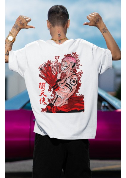 Oversize Sırt Baskılı Sukuna Tişört, Unisex Jujutsu Kaisen Baskı Anime T-Shirt modelleri