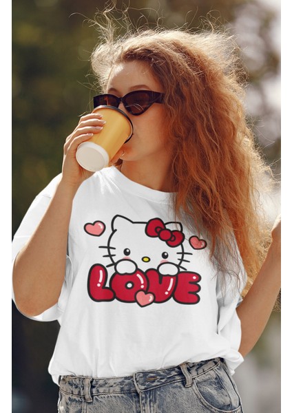 Oversize Love Hello Kitty Tişört, Sevimli Kırmızı Hk Baskılı Kadın T-Shirt