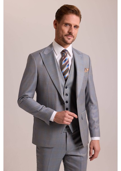 Erkek Gri Bej Slim Fit Sivri Yaka Yelekli Yün Takım Elbise