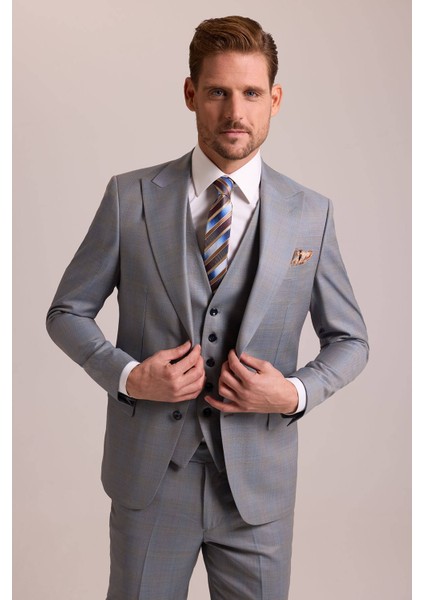 Erkek Gri Bej Slim Fit Sivri Yaka Yelekli Yün Takım Elbise fırsatları