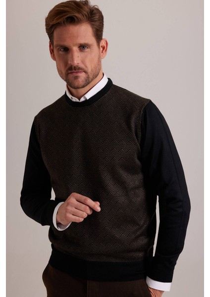 Erkek Siyah Kahve Bisiklet Yaka Desenli Triko
