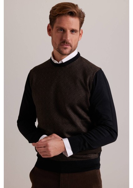 Erkek Siyah Kahve Bisiklet Yaka Desenli Triko fırsatları