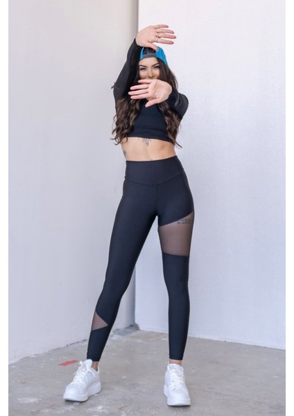 Ekstra Yüksek Bel Tül Detaylı Siyah Spor Tayt Lsm