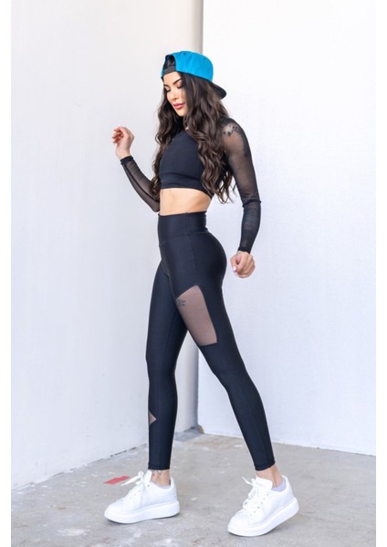 Ekstra Yüksek Bel Tül Detaylı Siyah Spor Tayt Lsm fiyatları