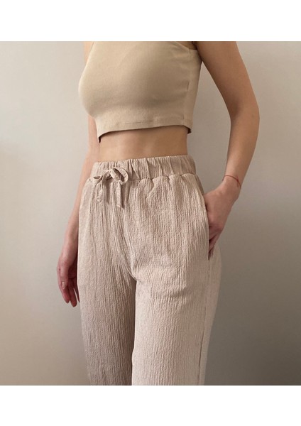 Krinkıl Kumaş Beli Lastlikli Cepli Bağcıklı Pantolon