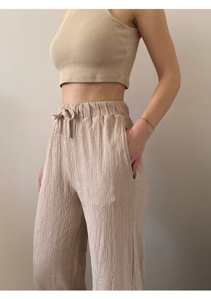 Krinkıl Kumaş Beli Lastlikli Cepli Bağcıklı Pantolon