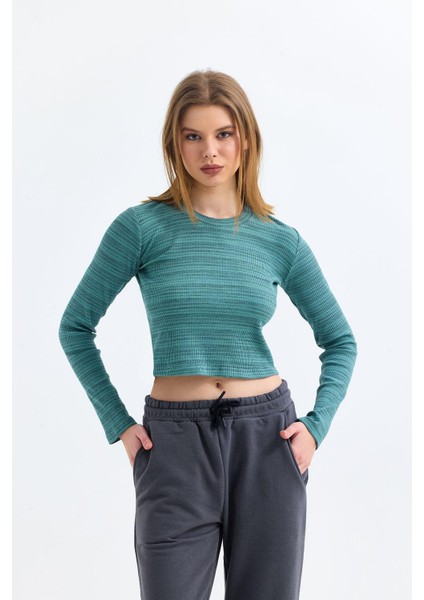 Çağla Bisiklet Yaka Uzun Kollu Fitilli Kaşkorse Crop Bluz