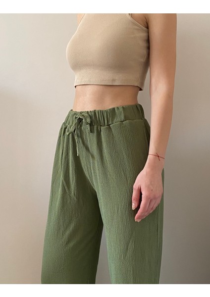 Krinkıl Kumaş Beli Lastlikli Cepli Bağcıklı Pantolon