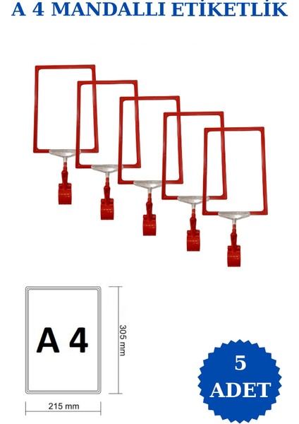 5 Adet Mavi A4 Mandallı Fiyat Etiketi Sepet Etiketi Çerçeveli Fiyat Etiketi Eşek Askılık Etiketi