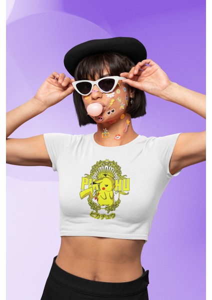 Pikachu Yazılı Crop Top, Pokemon Baskılı Siyah Crop Bluz
