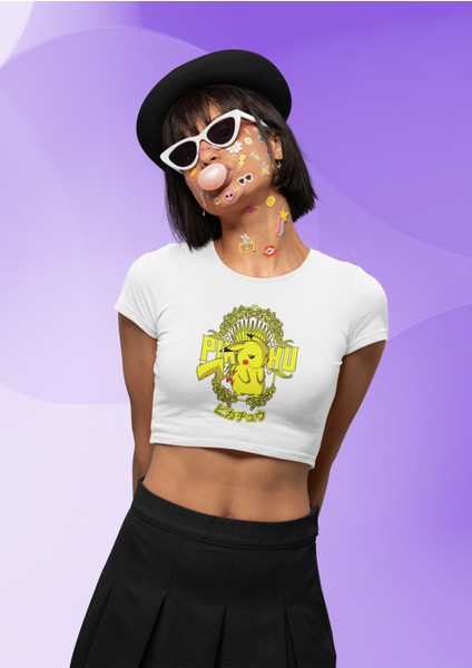 Pikachu Yazılı Crop Top, Pokemon Baskılı Siyah Crop Bluz modelleri