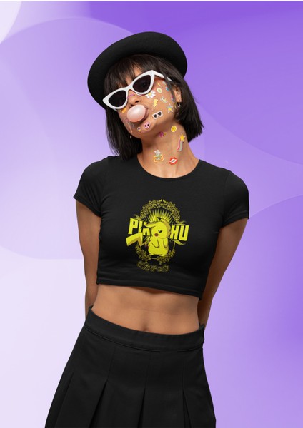 Pikachu Yazılı Crop Top, Pokemon Baskılı Siyah Crop Bluz fiyatları