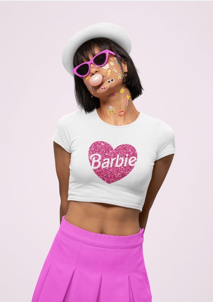 Fuddy Moda Simli Görünümlü Kalp Üstünde Barbie Yazılı Crop Top, Barbie Yazılı Siyah Crop Bluz