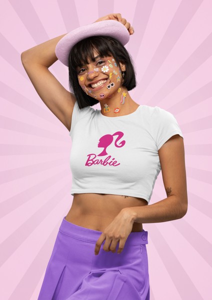 Fuddy Moda Barbie Bebek Baskılı Crop Top, Kadın Barbie Yazılı Siyah Crop Bluz