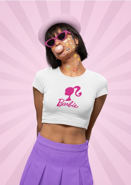 Fuddy Moda Barbie Bebek Baskılı Crop Top, Kadın Barbie Yazılı Siyah Crop Bluz