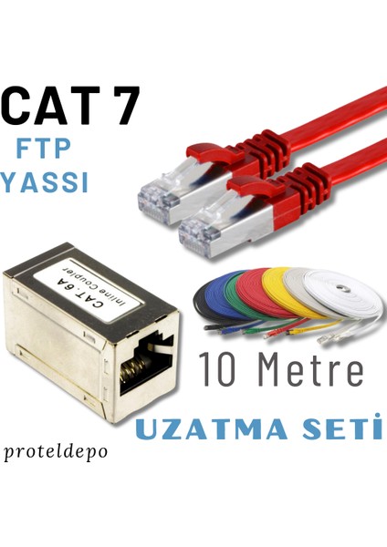 10 Metre Cat7 Kablo Yassı Ftp Ethernet Network Lan Ağ Kablo ve Ekleyici