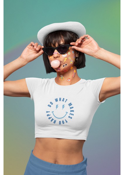 Fuddy Moda Mavi Do What Makes You Happy Yazılı Crop Top, Kadın Mutlu Yüz Baskılı Crop Bluz