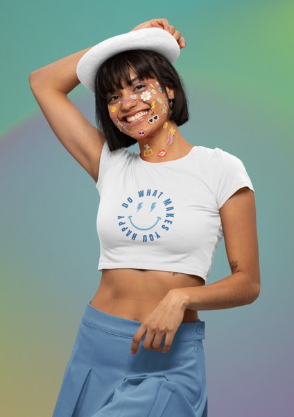 Fuddy Moda Mavi Do What Makes You Happy Yazılı Crop Top, Kadın Mutlu Yüz Baskılı Crop Bluz