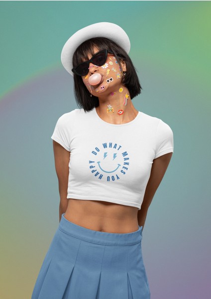 Fuddy Moda Mavi Do What Makes You Happy Yazılı Crop Top, Kadın Mutlu Yüz Baskılı Crop Bluz