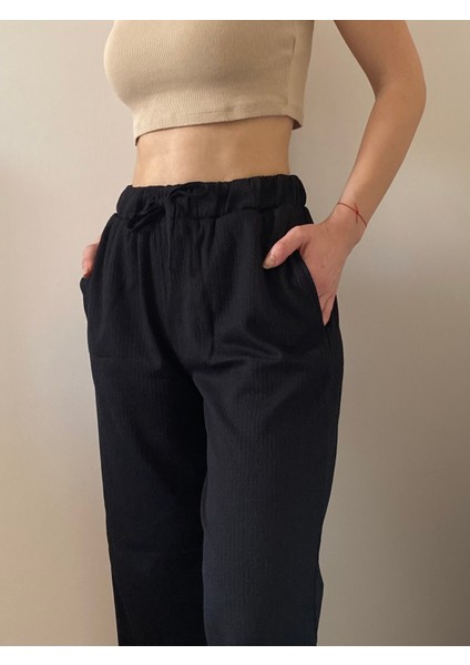 Krinkıl Kumaş Beli Lastlikli Cepli Bağcıklı Pantolon