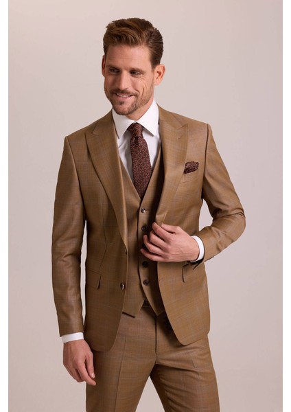 Erkek Taba Slim Fit Sivri Yaka Yelekli Yün Takım Elbise