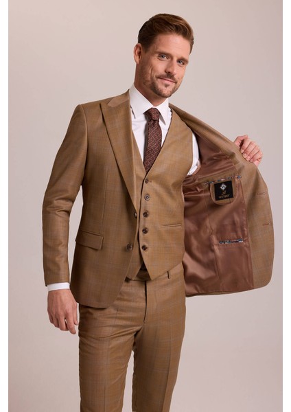 Erkek Taba Slim Fit Sivri Yaka Yelekli Yün Takım Elbise