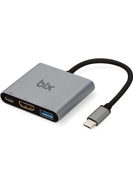 BX13HB 3in1 Type-C 4K@30Hz HDMI, PD Şarj, USB 3.0, iPad Pro, Macbook/Windows Uyumlu Çoklayıcı Adaptör