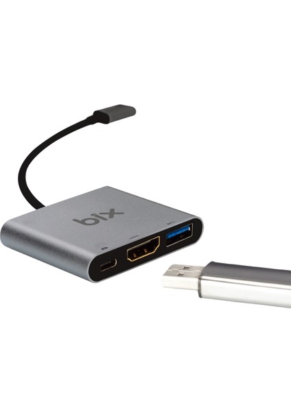 BX13HB 3in1 Type-C 4K@30Hz HDMI, PD Şarj, USB 3.0, iPad Pro, Macbook/Windows Uyumlu Çoklayıcı Adaptör