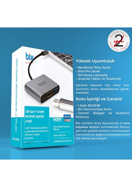 BX13HB 3in1 Type-C 4K@30Hz HDMI, PD Şarj, USB 3.0, iPad Pro, Macbook/Windows Uyumlu Çoklayıcı Adaptör