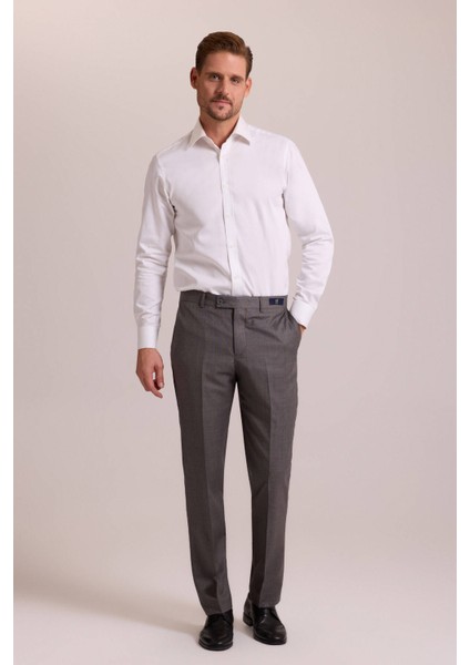 Erkek Açık Gri Regular Fit Yünlü Kumaş Pantolon