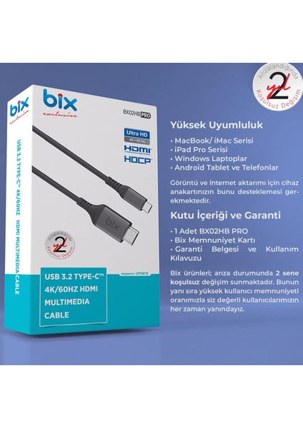 BX02HB PRO Type-C to 4K@60Hz HDCP HDMI, Macbook / Windows Uyumlu Multimedya Kablo