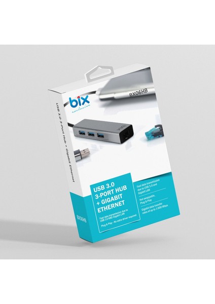 BX06HB 4in1 USB 3.0 Hub, 1Gbps Ethernet, 3x USB 3.0 Windows Uyumlu Çoklayıcı Adaptör