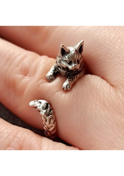 Antik Gümüş Kaplama Kedicik Şekilli El Yapımı Ayarlanabilir Kadın Yüzük