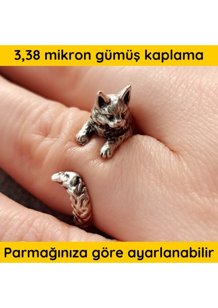 Antik Gümüş Kaplama Kedicik Şekilli El Yapımı Ayarlanabilir Kadın Yüzük fiyatları