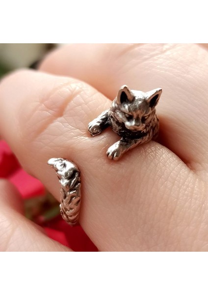 Antik Gümüş Kaplama Kedicik Şekilli El Yapımı Ayarlanabilir Kadın Yüzük modelleri