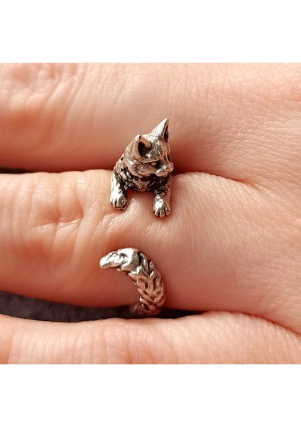 Antik Gümüş Kaplama Kedicik Şekilli El Yapımı Ayarlanabilir Kadın Yüzük fırsatları
