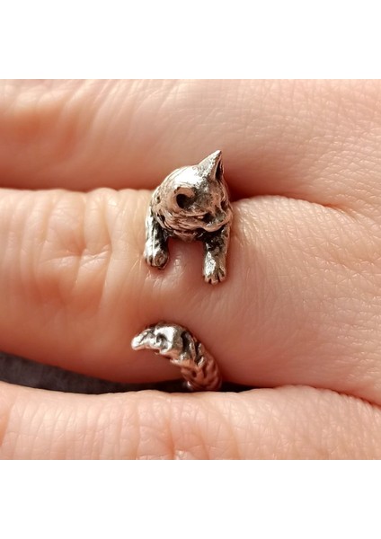 Antik Gümüş Kaplama Kedicik Şekilli El Yapımı Ayarlanabilir Kadın Yüzük indirimleri