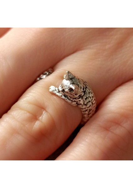 Antik Gümüş Kaplama Kedicik Şekilli El Yapımı Ayarlanabilir Kadın Yüzük
