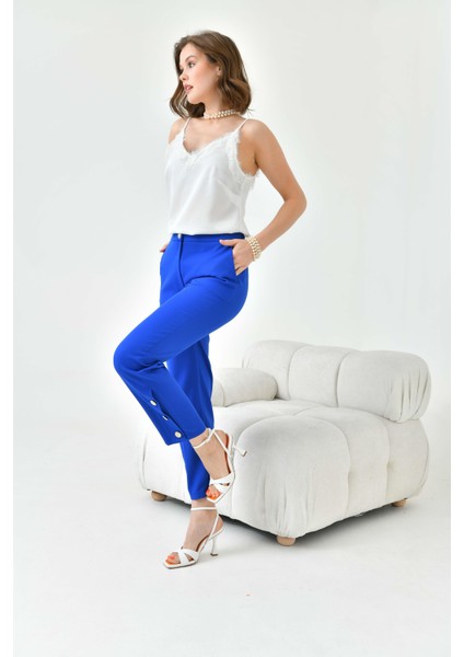 Kadın Dar Paça Düğmeli Pantolon Saks Mavi 30779