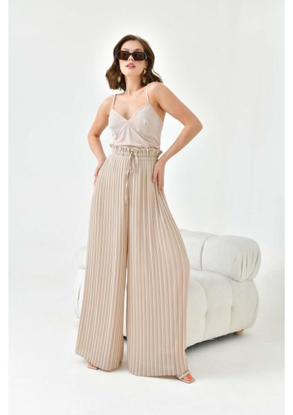 Kadın Şifon Pliseli Pantolon Beige 30700