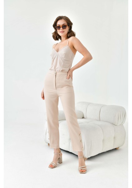 FTZ Women Kadın Dar Paça Düğmeli Pantolon Beige 30779