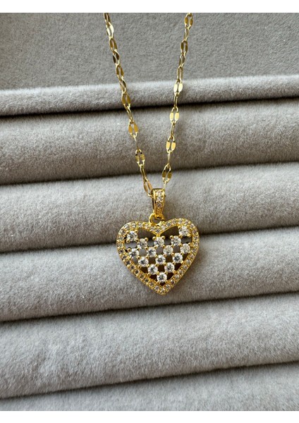 Çelik Gold Zirkon Taşlı Kalp Kolye