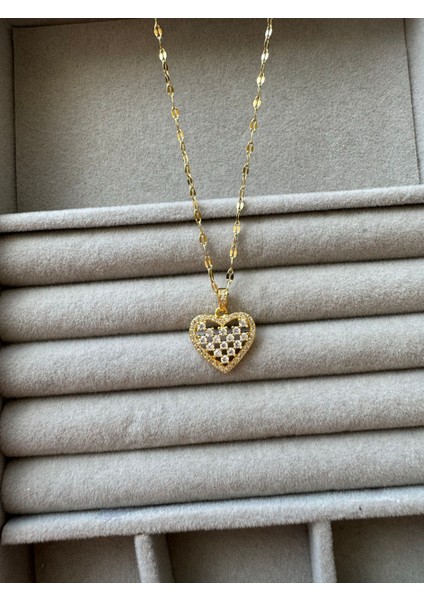 Çelik Gold Zirkon Taşlı Kalp Kolye modelleri