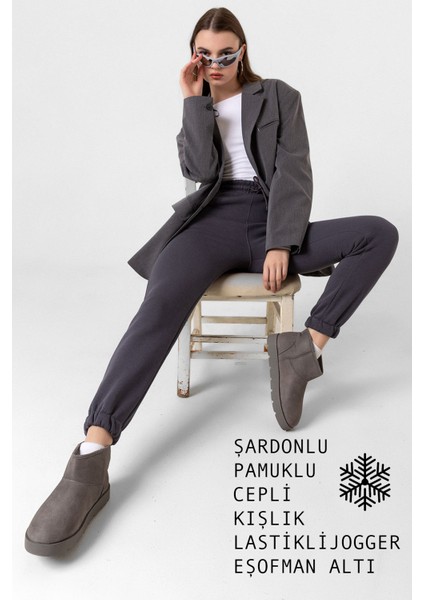 3 Iplik Şardonlu Paça Lastikli Cepli Pamuklu Kadın Eşofman Altı