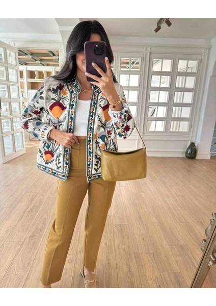 Kadın Bej Tasarım Etnik Desen Renkli Çiçek Nakış Işlemeli Keten Ceket Mevsimlik Ceket