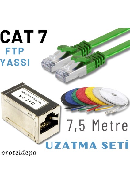 7,5 Metre Cat7 Kablo Yassı Ftp Ethernet Network Lan Ağ Kablo ve Ekleyici