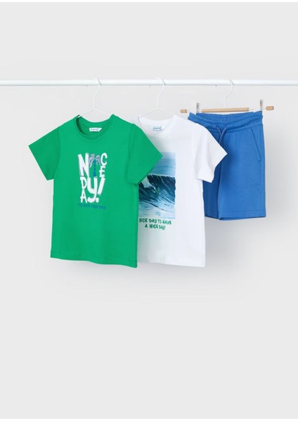 Erkek Çocuk 3 Parça Baskılı T-Shirt - Şort Takım Yeşil-Beyaz