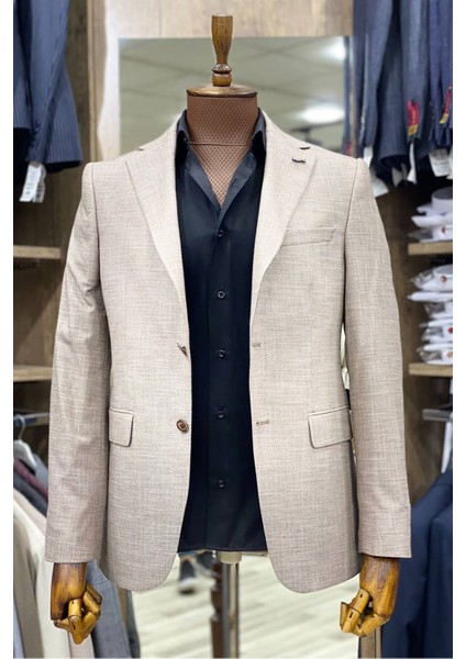 Slimfit Kesim Erkek Yarım Astarlı Spor Tek Ceket-Krem
